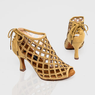 Felicia Peep-Toe Dance Boots with Lace-Up Back, Rhinestones and Cushioning for Comfort in Salsa, Tango, Bachata, Latin Dance