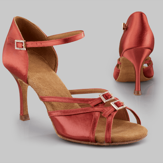 Feronia Women's Latin Dance Shoes in Soft Silk with Twin Diamond Buckles, Extra Heel Cushion for Salsa, Tango and Bachata