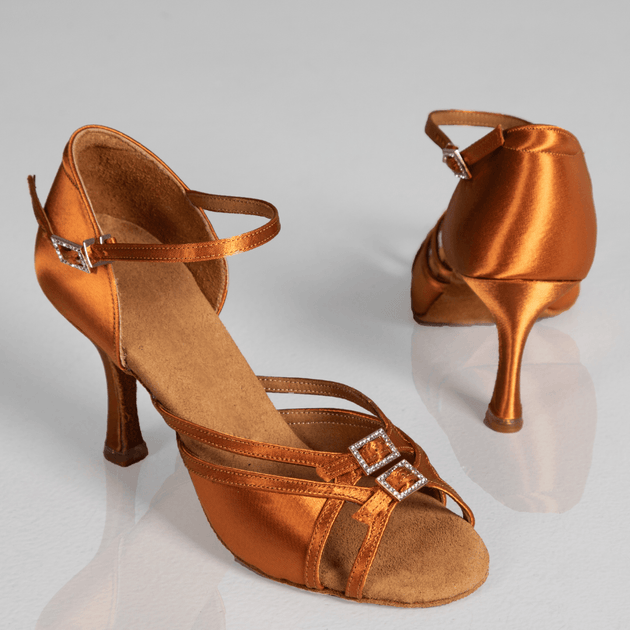 Feronia Women's Latin Dance Shoes in Soft Silk with Twin Diamond Buckles, Extra Heel Cushion for Salsa, Tango and Bachata