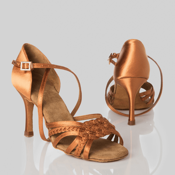 Gardenia Women's Latin Dance Shoes in Satin with Braided Front, Cross-Strap and Buckle Closure for Tango, Salsa and Ballroom
