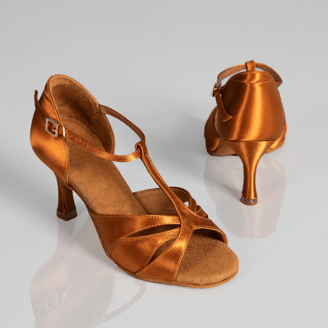 Harmonia T-Strip Women's Dance Shoes in Satin with Open Toe and Extra Cushioning for Tango, Salsa, and Bachata Dance