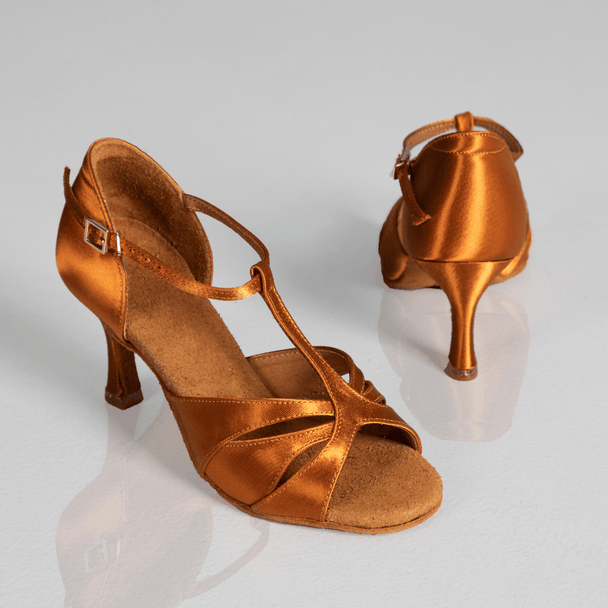 Harmonia T-Strip Women's Dance Shoes in Satin with Open Toe and Extra Cushioning for Tango, Salsa, and Bachata Dance