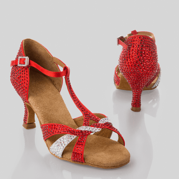 Hyacinth Women's Dance Shoes in Satin with Rhinestones, T-Strap and Cushioning for Comfort in Tango, Salsa, Bachata, Latin