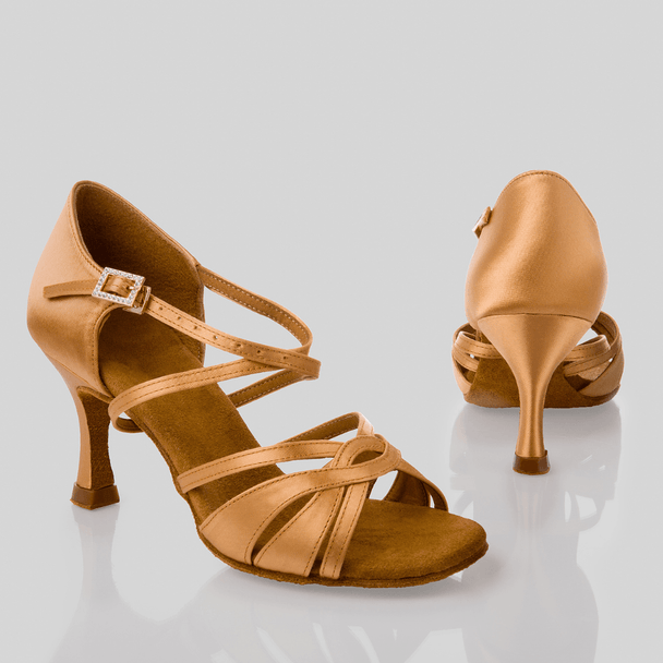 Jasmine Women's Dance Shoes in Satin with Crossover Straps, Gem Buckle, and Suede Sole for Salsa, Bachata and Latin Dance