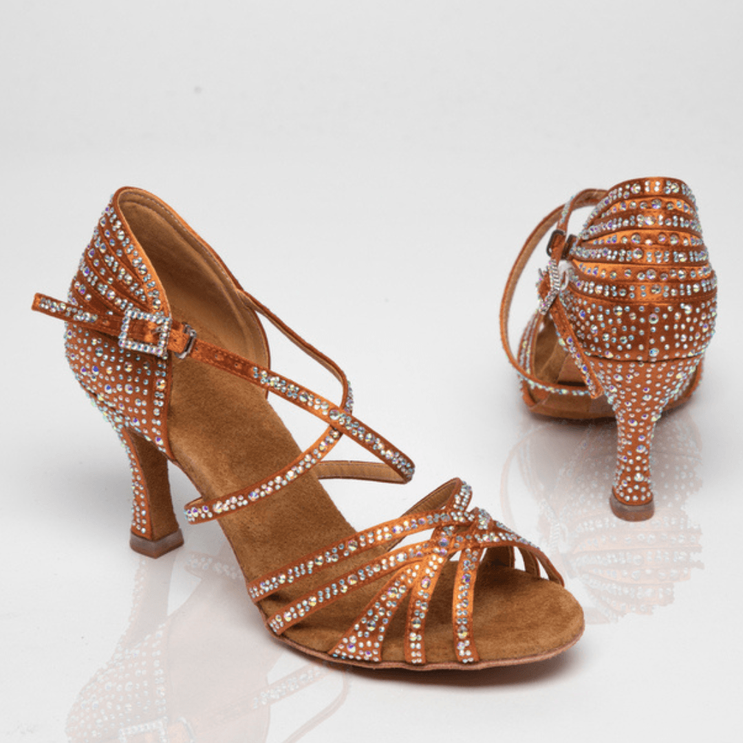 Jeannie Women's Latin Dance Shoes in Satin with Rhinestones, Flexible Sole and Cushioning for Salsa, Bachata and Tango