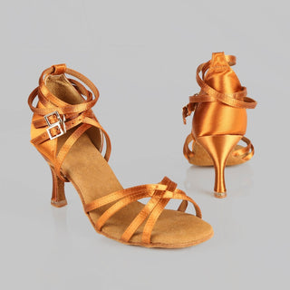 Mia Women's Latin Dance Shoes in Satin with Four Cross Straps, Double Buckles and 2.5 Inch Heels for Performance and Comfort