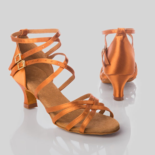Mia Women's Latin Dance Shoes in Satin with Four Cross Straps, Double Buckles and 2.5 Inch Heels for Performance and Comfort