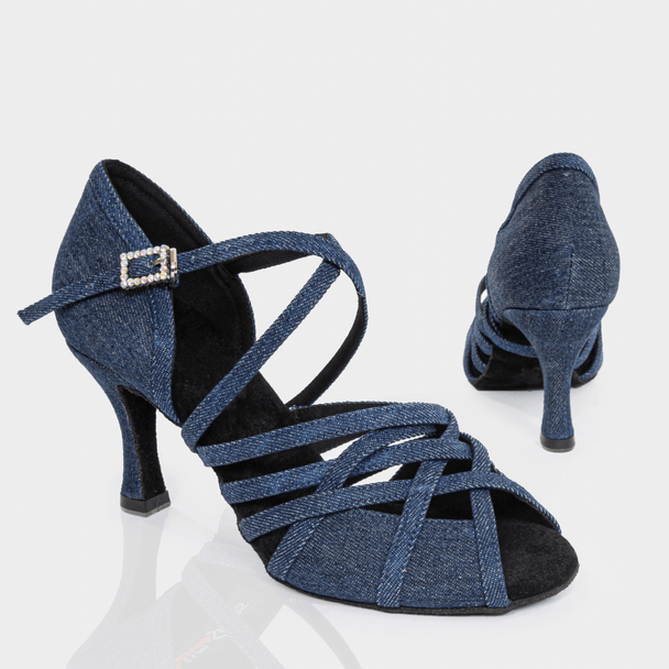 Mindy Women's Latin Dance Shoes in Denim or Satin with Peep Toe, Wrap Strap, Suede Sole and Cushioning for Comfort and Style
