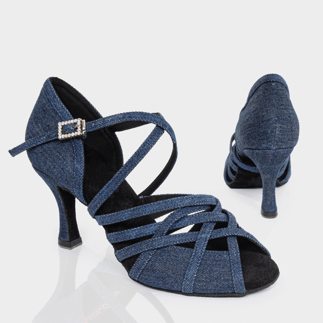 Mindy Women's Latin Dance Shoes in Denim or Satin with Peep Toe, Wrap Strap, Suede Sole and Cushioning for Comfort and Style