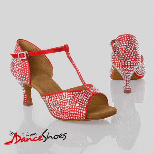 Pallas Diamond Women's Latin Dance Shoes in Satin with Crystal T-Strap Design and Cushioning for Salsa, Bachata and Tango