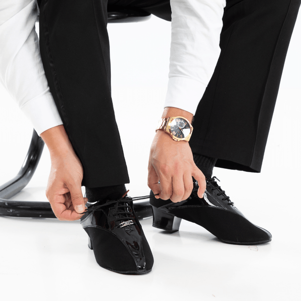 Pallene Men's Latin Dance Shoes in Black Canvas and Leather with 2 Inch Heels for Comfort, Flexibility and Performance Style