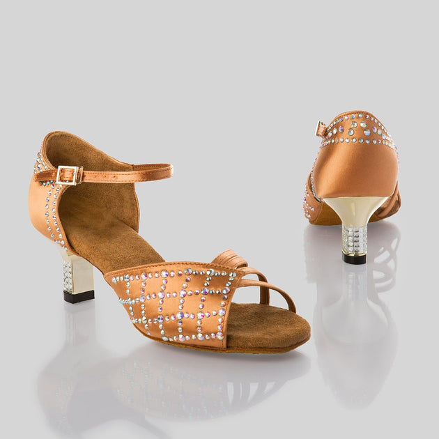 Protanca Crystal Women's Dance Shoes in Satin with Rhinestones, T-Strap and Side Buckle for Tango, Salsa, Bachata, Latin
