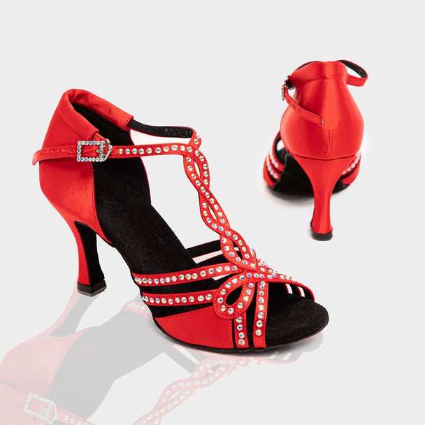 Rhythm Women's Latin Dance Shoes in Red Satin with Crystal T-Strap Design and Cushioning for Salsa, Bachata and Tango Dancing