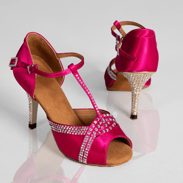 Royal Women's Latin Dance Shoes in Satin with Rhinestones, T-Strap, Peep-Toe and Cushioning for Comfort in Tango and Latin