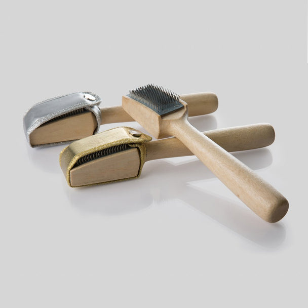 Steel-Bristled Dance Shoe Brush with Handle and Cover for Suede Sole Maintenance and Longevity. Gold or Silver Option