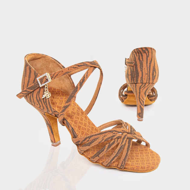 Tigery Women's Latin Dance Shoes in Satin with Tiger Print, Flexible Sole, Ankle Cushioning and Anti-Slide Features for Salsa