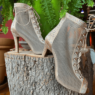 Viola Peep-Toe Dance Boots with Mesh and Rhinestone Detail, Lace-Up Front and Back Zipper for Salsa, Bachata, Tango and Latin