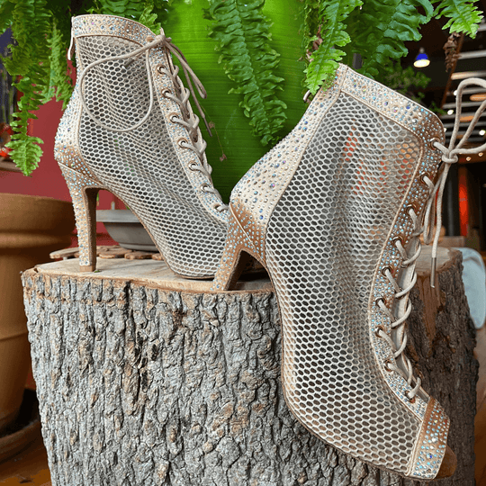 Viola Peep-Toe Dance Boots with Mesh and Rhinestone Detail, Lace-Up Front and Back Zipper for Salsa, Bachata, Tango and Latin