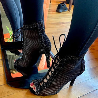 Viola Peep-Toe Dance Boots with Mesh and Rhinestone Detail, Lace-Up Front and Back Zipper for Salsa, Bachata, Tango and Latin