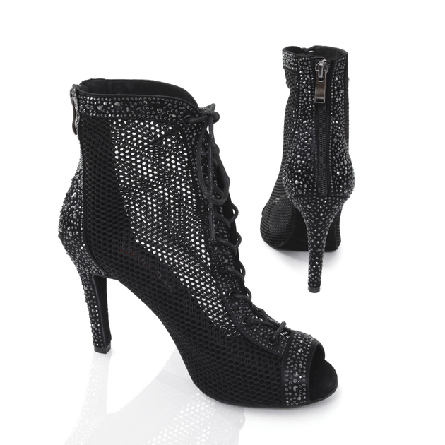Viola Peep-Toe Dance Boots with Mesh and Rhinestone Detail, Lace-Up Front and Back Zipper for Salsa, Bachata, Tango and Latin