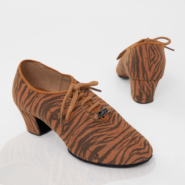 Wild Child Women's Practice Dance Shoes in Canvas with Tiger Print, Cuban Heel, Full Shank and Cushioning for All Dance Styles